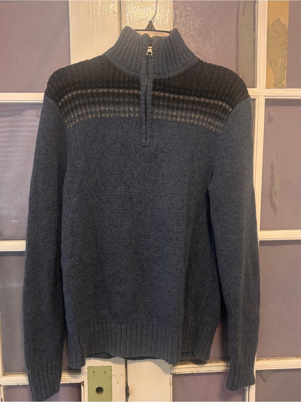 Banana Republic Men's Half-Zip Sweater in Slate Blue with Charcoal stripe